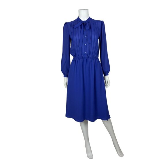 Vintage 80s Secretary Dress Womens Small Sheer Blue Necktie Shirtdress - Picture 1 of 10